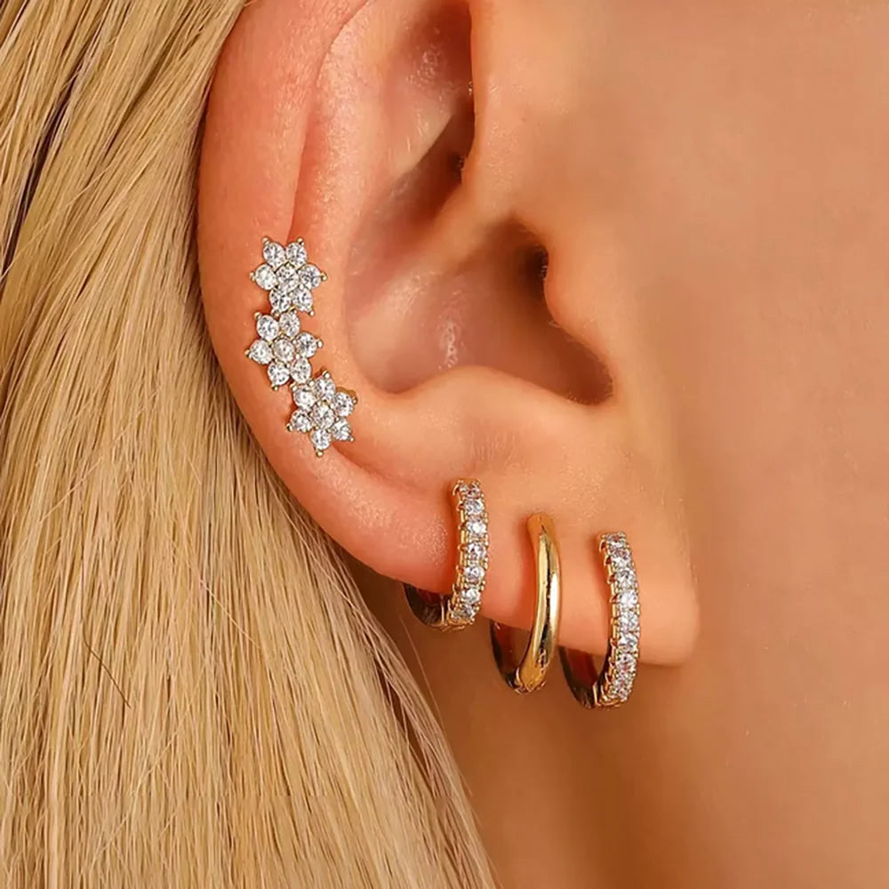 4PCS Star Moon Stainless Steel Zircon Stud Earrings 14K Gold Plated