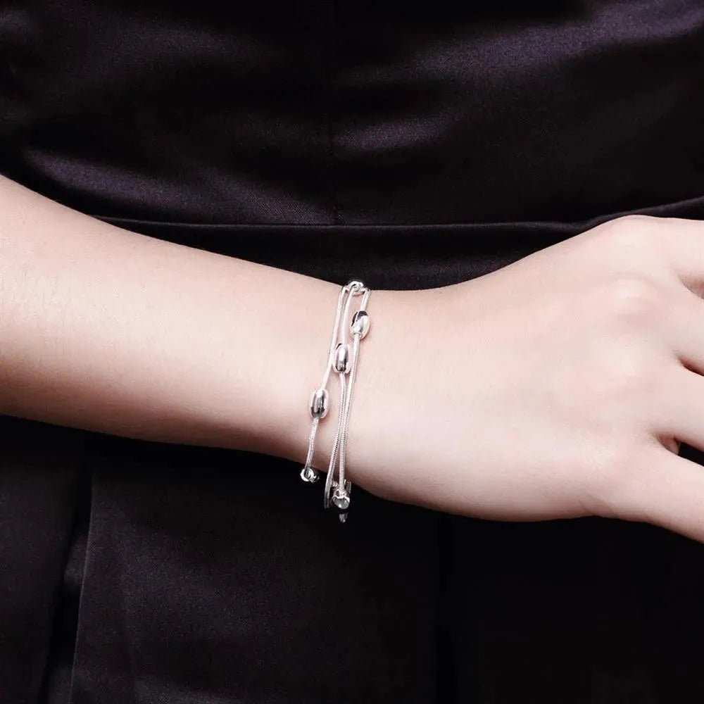 Snake Chain Beads Bracelet 925 Sterling Silver Women Party Wedding Jewellery
