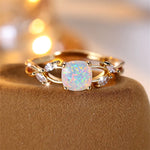 Cushion Cut Square Rainbow White Fire Opal Rings For Women Gold Color Horse Eye Zircon Charm Leaf Wedding Bands Party Jewelry CZ