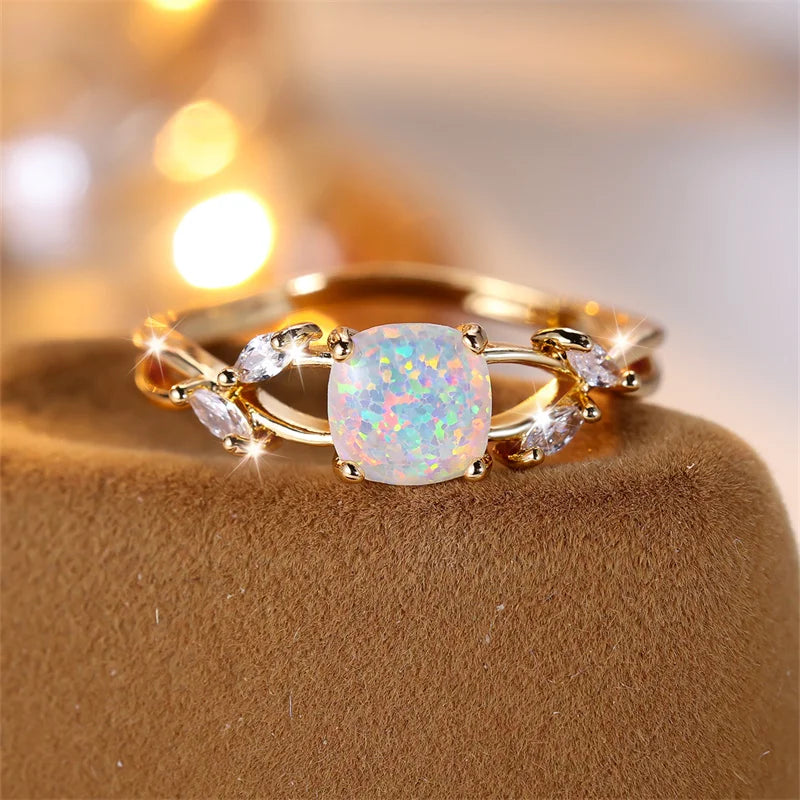Cushion Cut Square Rainbow White Fire Opal Rings For Women Gold Color Horse Eye Zircon Charm Leaf Wedding Bands Party Jewelry CZ