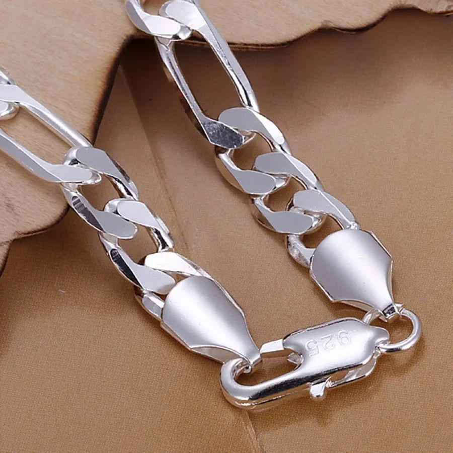 6-8mm Figaro Chain Bracelet 20cm 925 Sterling Silver Men Women Wedding Gift