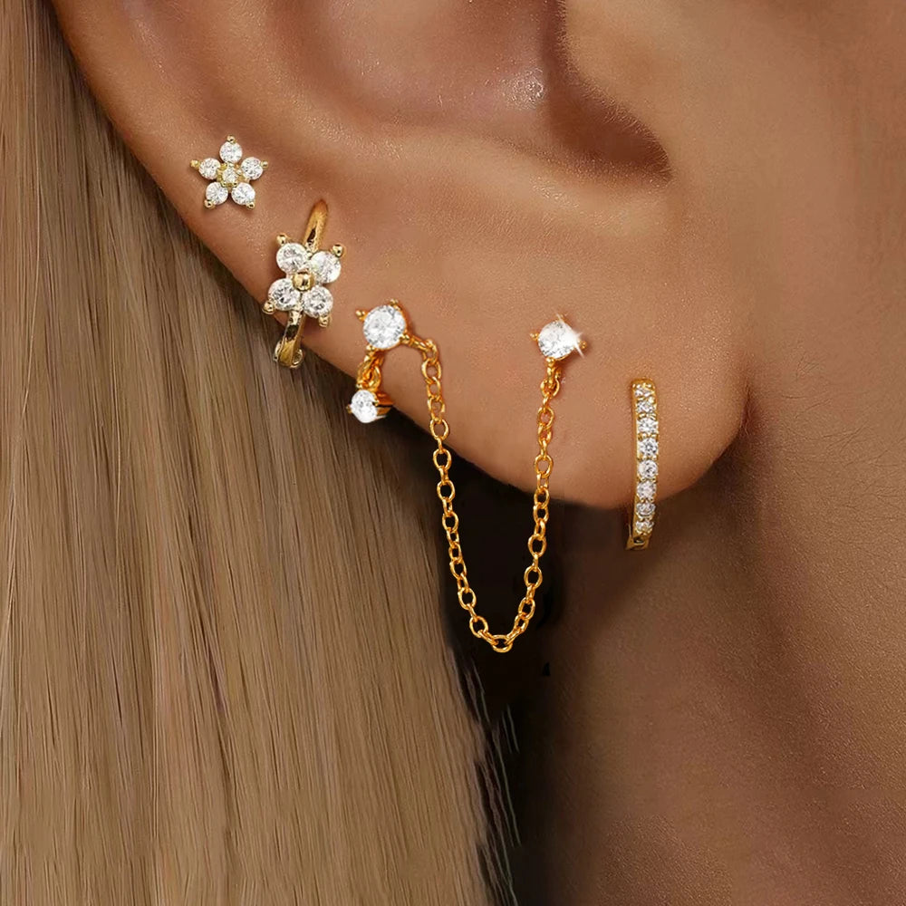 4PCS French Design Tassel Chain Pendant Hoop Earrings Set Zircon Stud