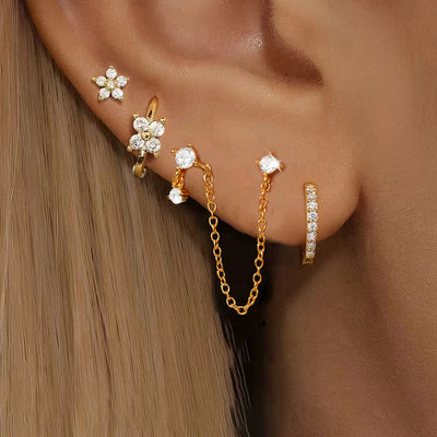 4PCS French Design Tassel Chain Pendant Hoop Earrings Set Zircon Stud