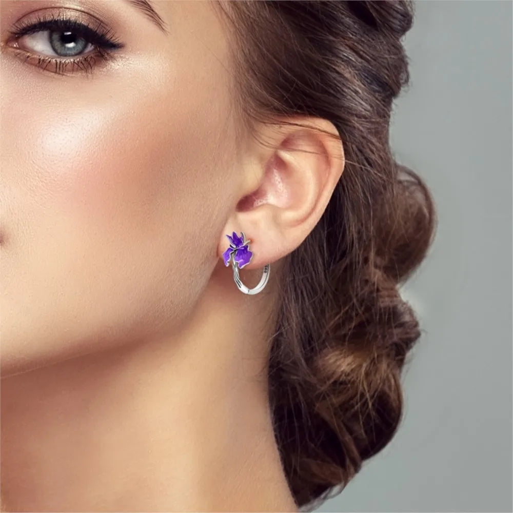 925 Sterling Silver Flower Plant Zircon Circle Hoop Earrings Jewellery Gift