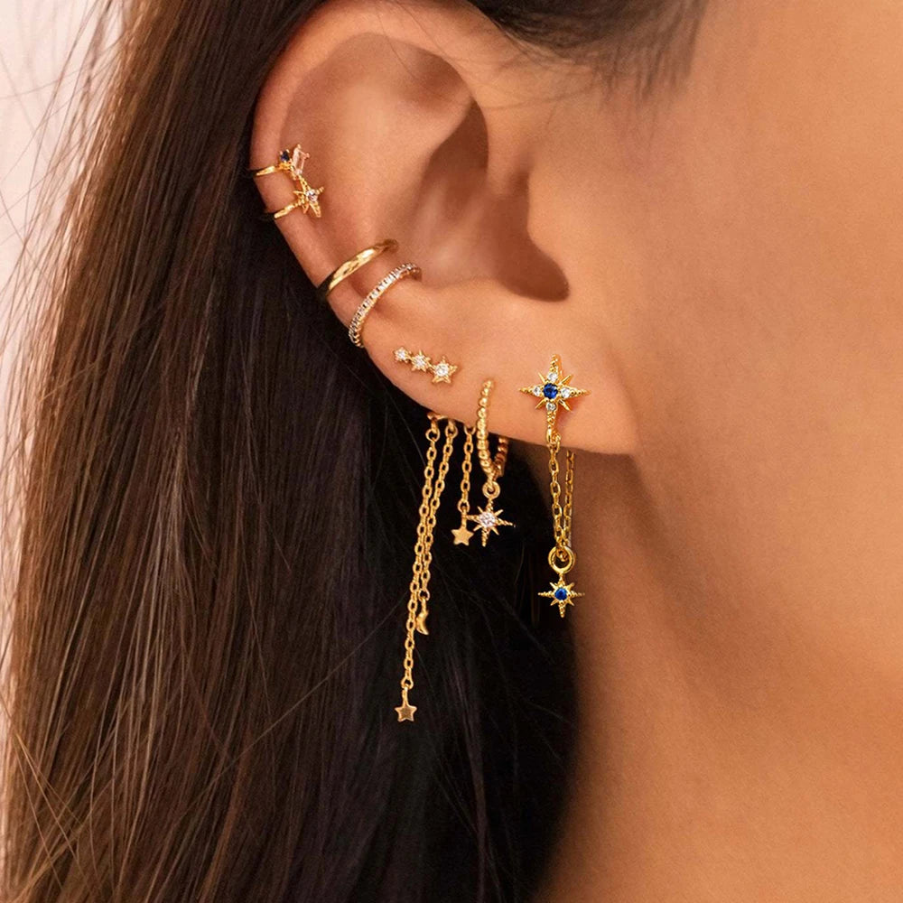 New Trend Cubic Zirconia Long Tassel Drop Earrings Star Moon Chain