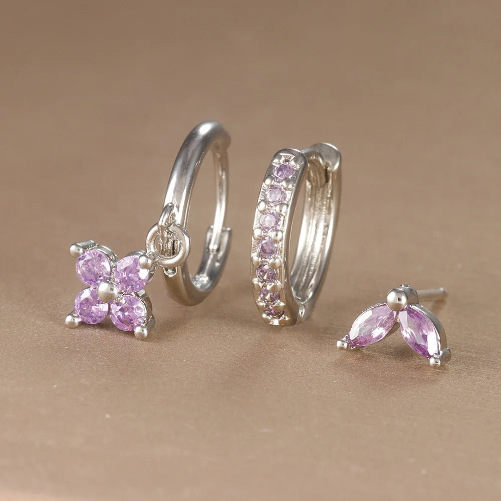 3PCS Trendy Stainless Steel Flower Drop Earring Set Zirconia Dangle
