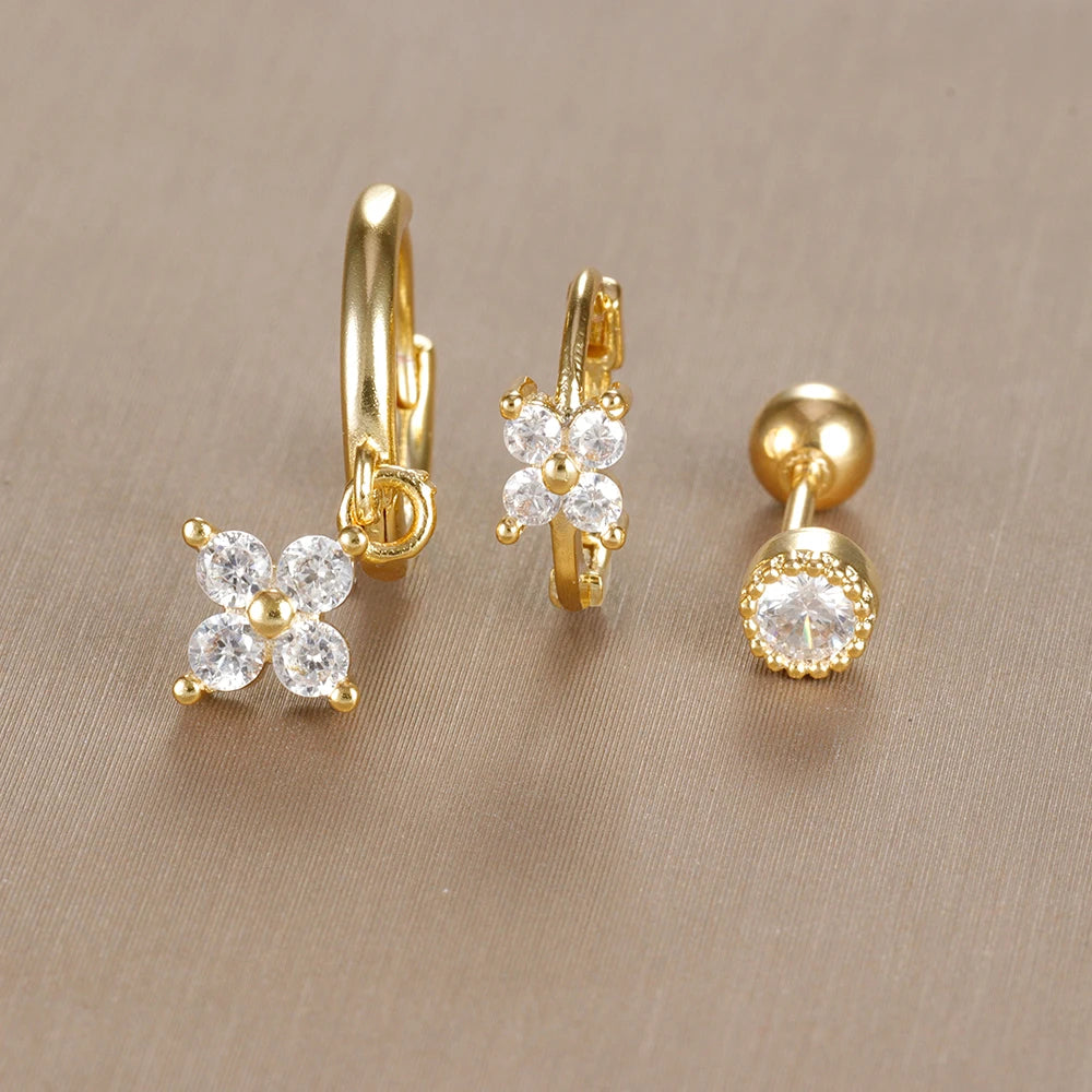 3PCS Vintage Design Four Flower Zircon Hoop Earrings Set Steel