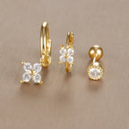 3PCS Vintage Design Four Flower Zircon Hoop Earrings Set Steel