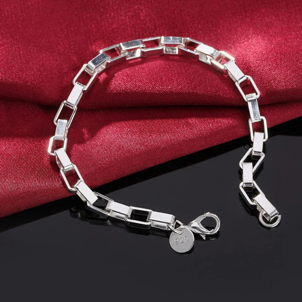 Classic Long Square Chain Bracelet 925 Sterling Silver Men Women Wedding