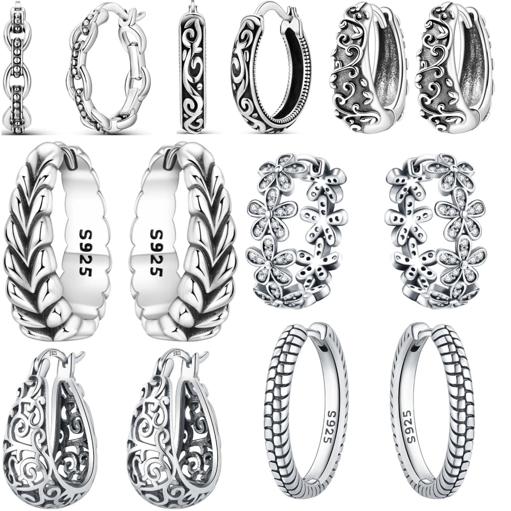 925 Sterling Silver Retro Grass Pattern Versatile Hoop Earrings Birthday Gift