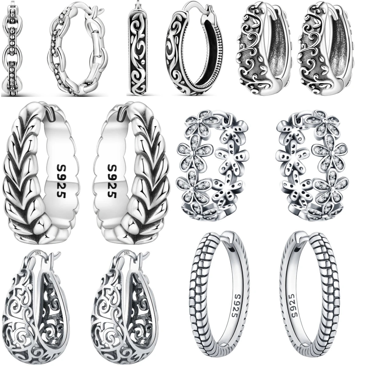 925 Sterling Silver Retro Grass Pattern Versatile Hoop Earrings Birthday Gift