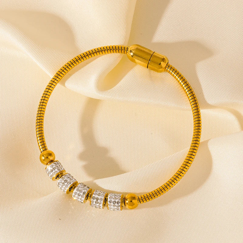 Heart Roman Numeral Zircon Bead Stainless Steel Snake Bone Bracelet