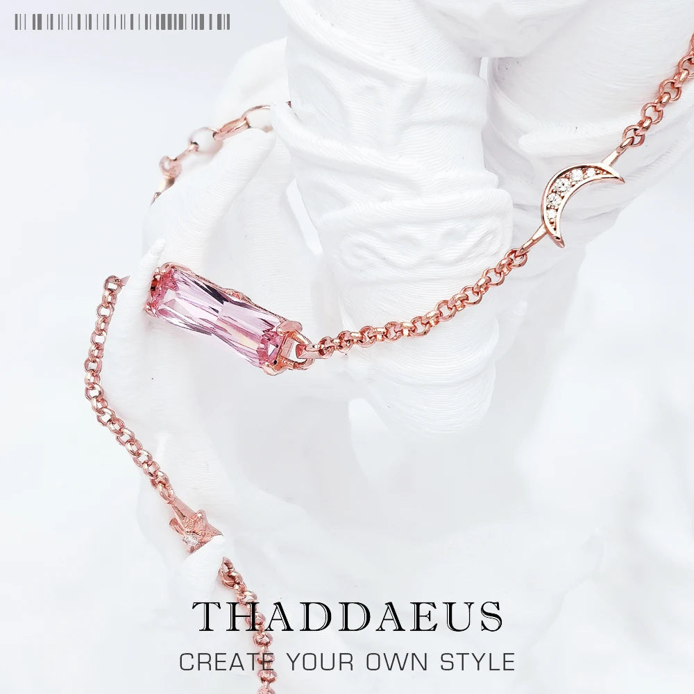 Rose Gold Plated Pink Stone Star Moon Bracelet 925 Sterling Silver Gift