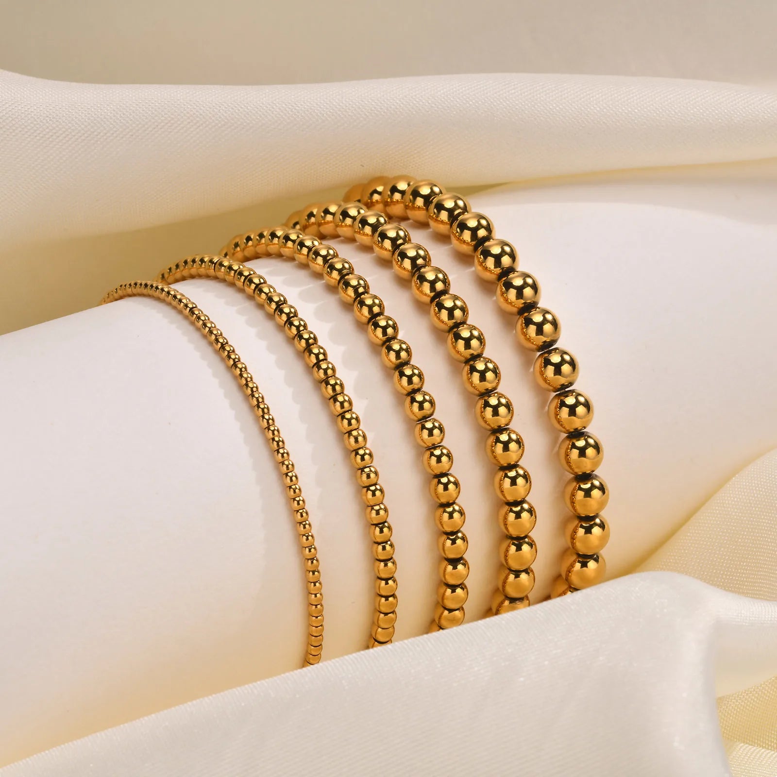 Gold Plated Beaded Braceletfor Women, Stainless Steel Stackable Stretchable Bead Ball Bracelet Hypoallergenic