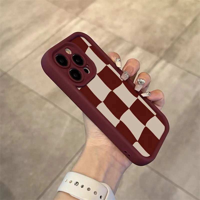 Wine Red Grid Pattern Case for iPhone 17 16 15 14 13 12 11 Pro Max Plus Air