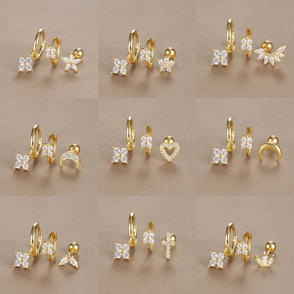 3PCS Vintage Design Four Flower Zircon Hoop Earrings Set Steel