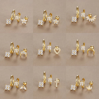 3PCS Vintage Design Four Flower Zircon Hoop Earrings Set Steel