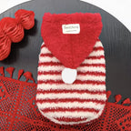 Pompom & Stripe Pet Hoodie, Red Plush Dog Cat Vest with Cute Hood, Soft Warm Fleece Jacket for Small Medium Puppy Kitten