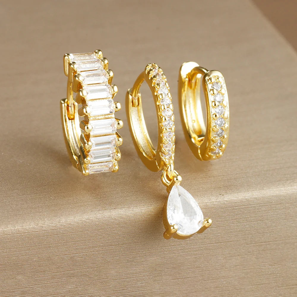 3PCS Stainless Steel Gold Plated Hoop Earrings Zircon Pendant