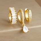 3PCS Stainless Steel Gold Plated Hoop Earrings Zircon Pendant