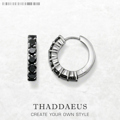 Black CZ Creole Hinged Hoop Earrings 925 Sterling Silver Glam Trendy