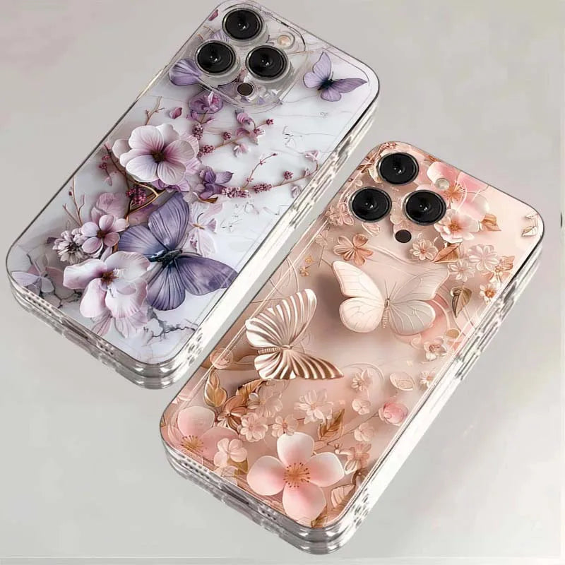 Butterfly Flower Pattern Case for iPhone 17 16 15 14 13 12 11 Pro Max XR Soft