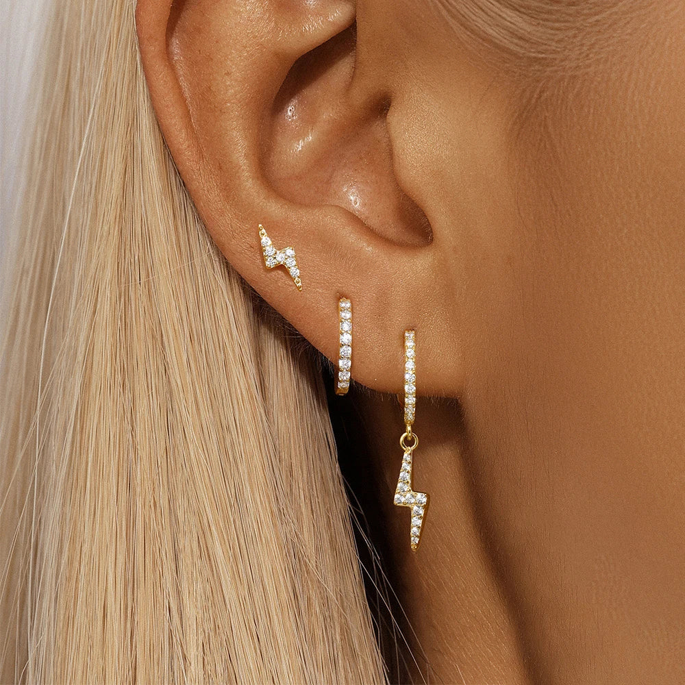 3PCS Gold Plated Lightning Flower Chain Drop Earrings Zircon Dangle