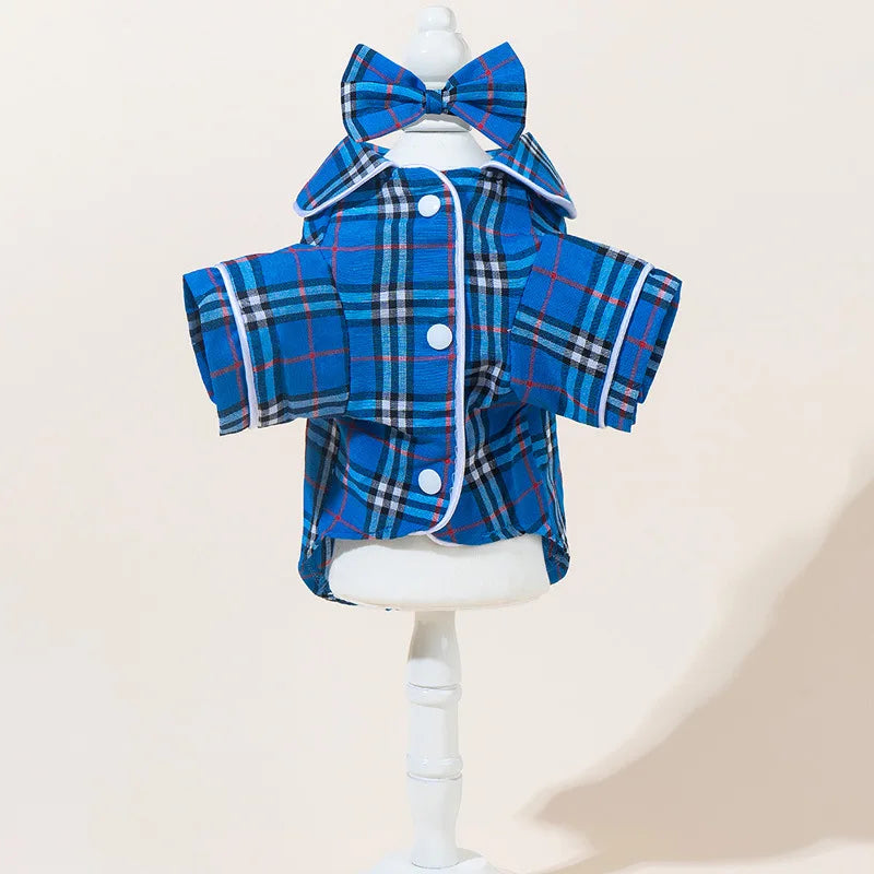 Grid Pattern Cat Dog Pajamas Set Soft Sleepsuit with Flower Headband