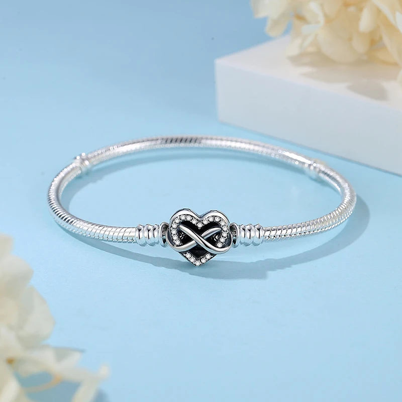 Original 925 Sterling Silver Bracelets Bangles Love Heart Clip Charms Beads Snake Chains For Women Rose Gold DIY Luxury Jewelry