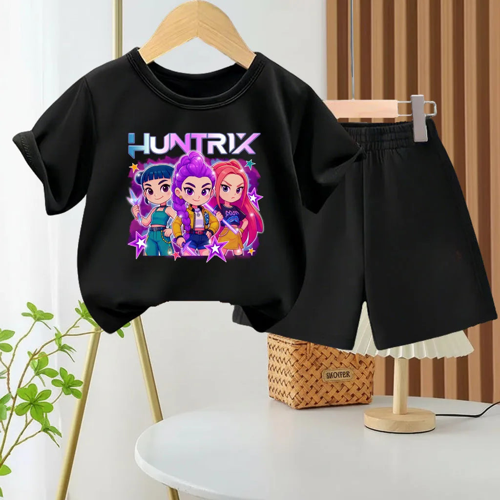 K-pop Girls Summer Casual Outfit Cartoon Print T-Shirt and Shorts Set