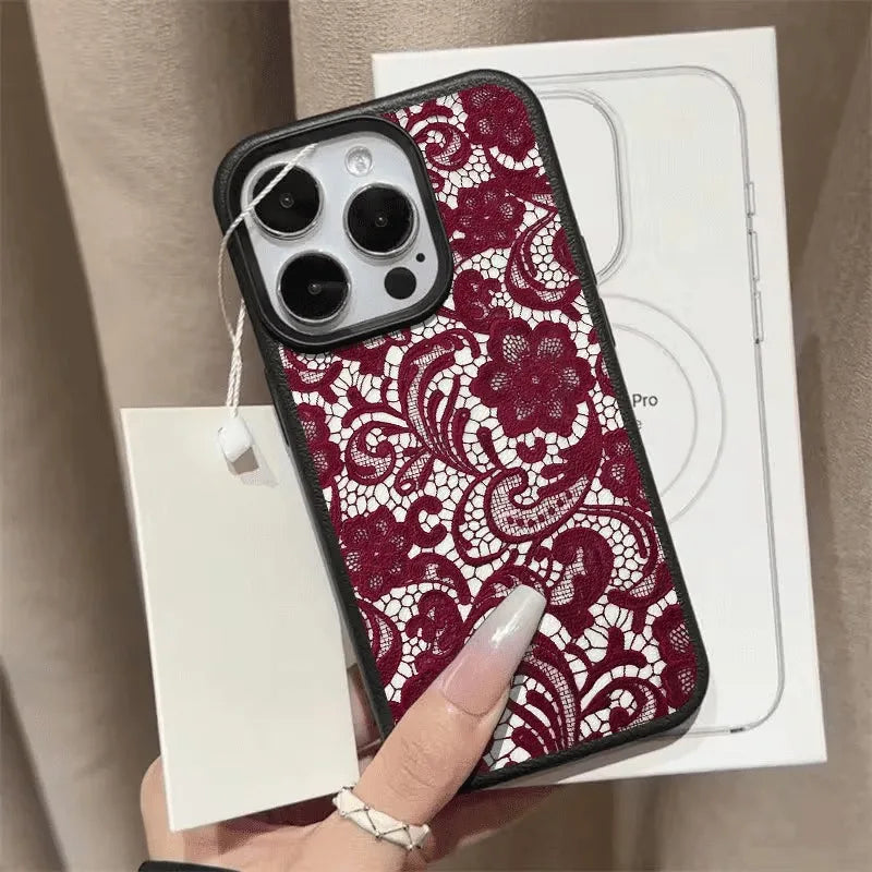 Red Lace Design Lychee Case for iPhone 17 16 15 14 13 12 Pro Max
