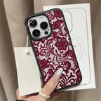 Red Lace Design Lychee Case for iPhone 17 16 15 14 13 12 Pro Max