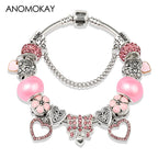 Romantic Pink Heart Charm Bracelet Fine Crystal DIY Bead Bangle Gift