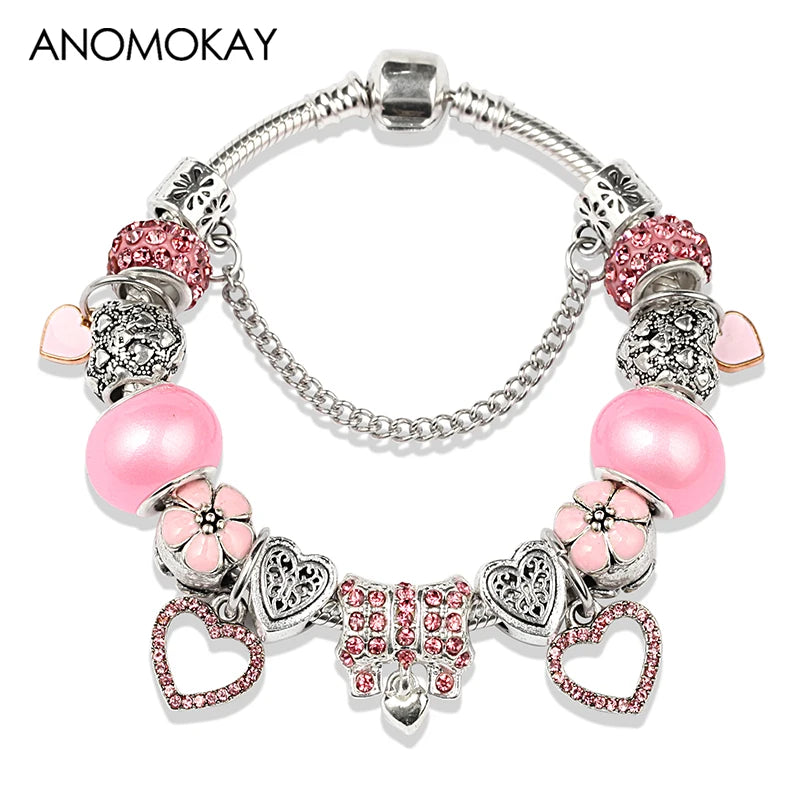 Romantic Pink Heart Charm Bracelet Fine Crystal DIY Bead Bangle Gift