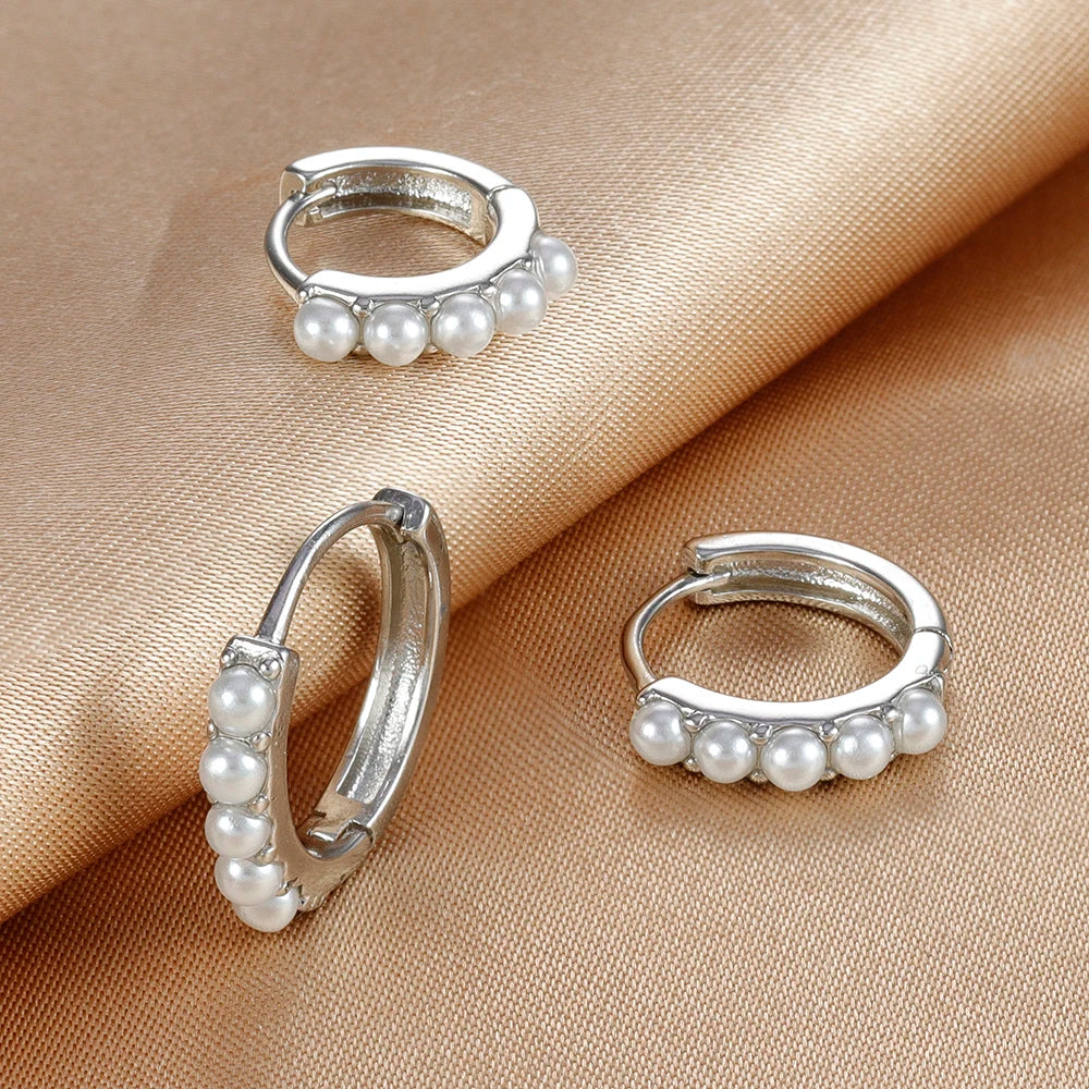 3PCS Stainless Steel Little Pearl Hoop Earrings Small Round Circle