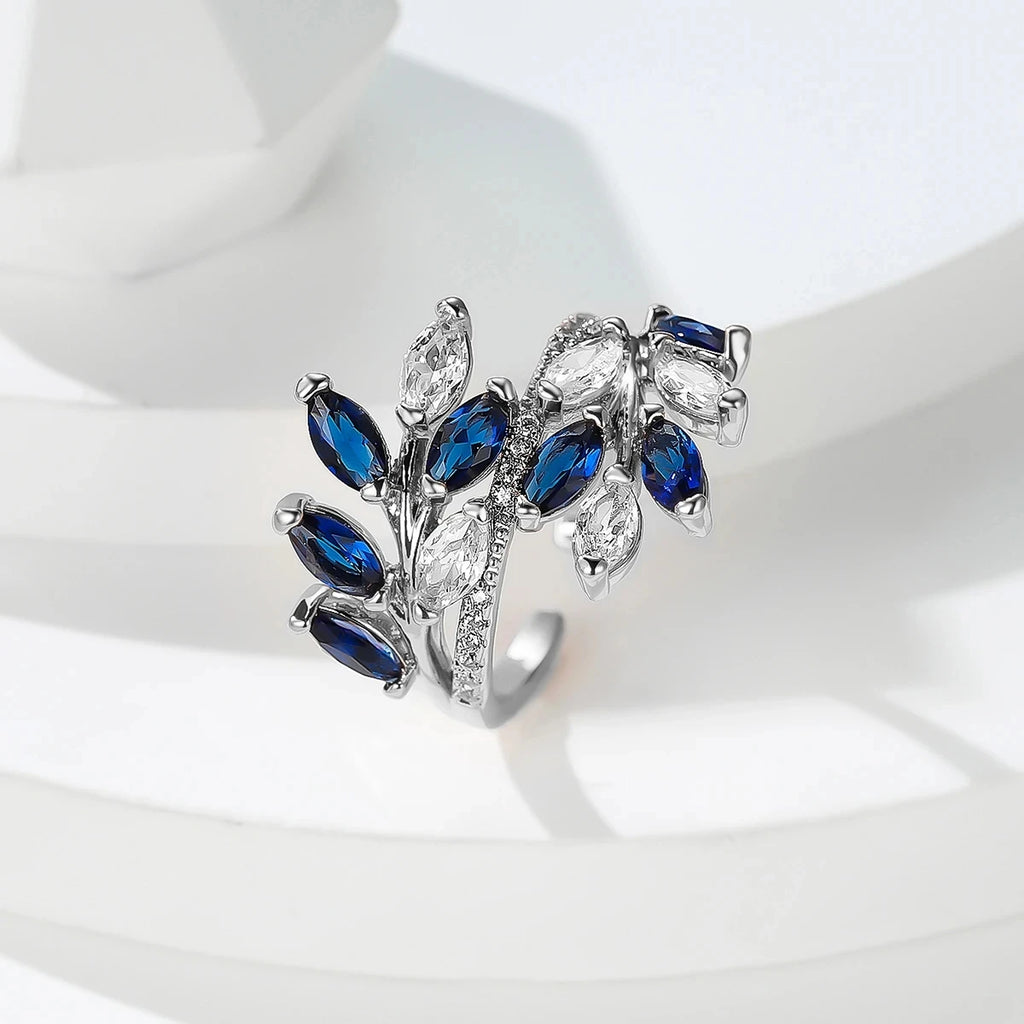 Marquise Cut Royal Blue Green Purple Pink Zircon Leaf Rings For Women Rose Gold Color Boho Cocktail Ring Wedding Bands Jewelry