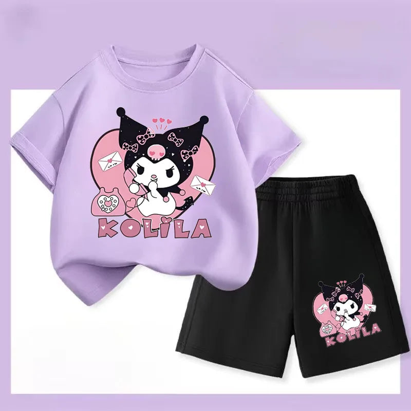 Sanrio Kuromi Girls Summer Breathable Outfits T-Shirt and Shorts Set