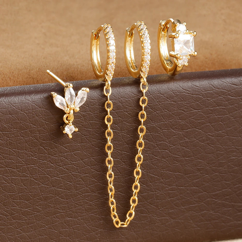 3PCS Stainless Steel Long Chain Two Hole Piercing Earrings Tassel