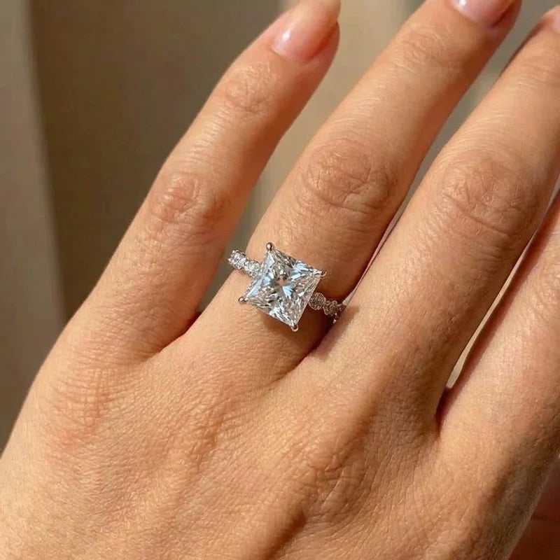 925 Sterling Silver Eternity Princess Square Cubic Zirconia Crystal Ring Classic Wedding Jewellery