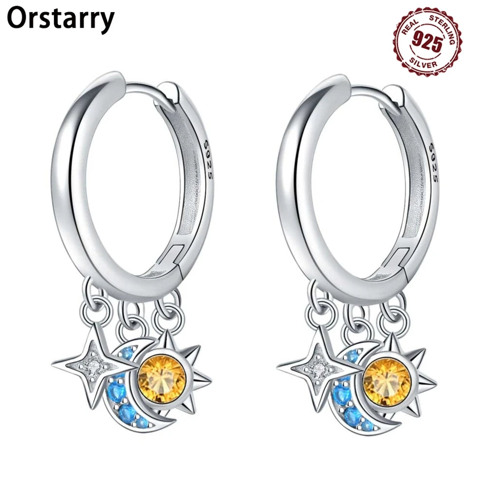 925 Sterling Silver Star Moon Sun Tassel Versatile Hoop Earrings Fine Gift
