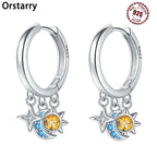 925 Sterling Silver Star Moon Sun Tassel Versatile Hoop Earrings Fine Gift