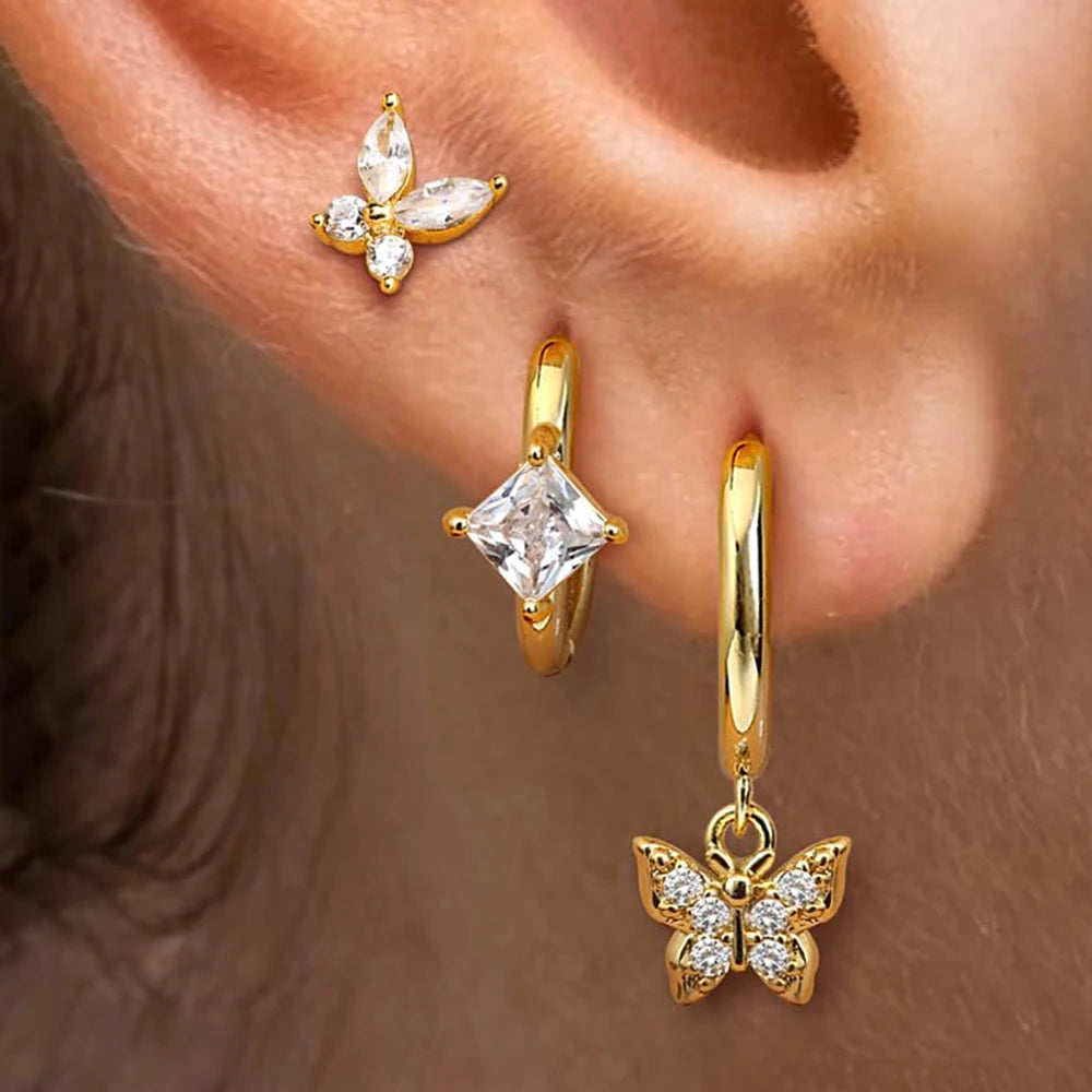 3PCS Korean Stainless Steel Butterfly Crystal Zirconia Hoop Earrings