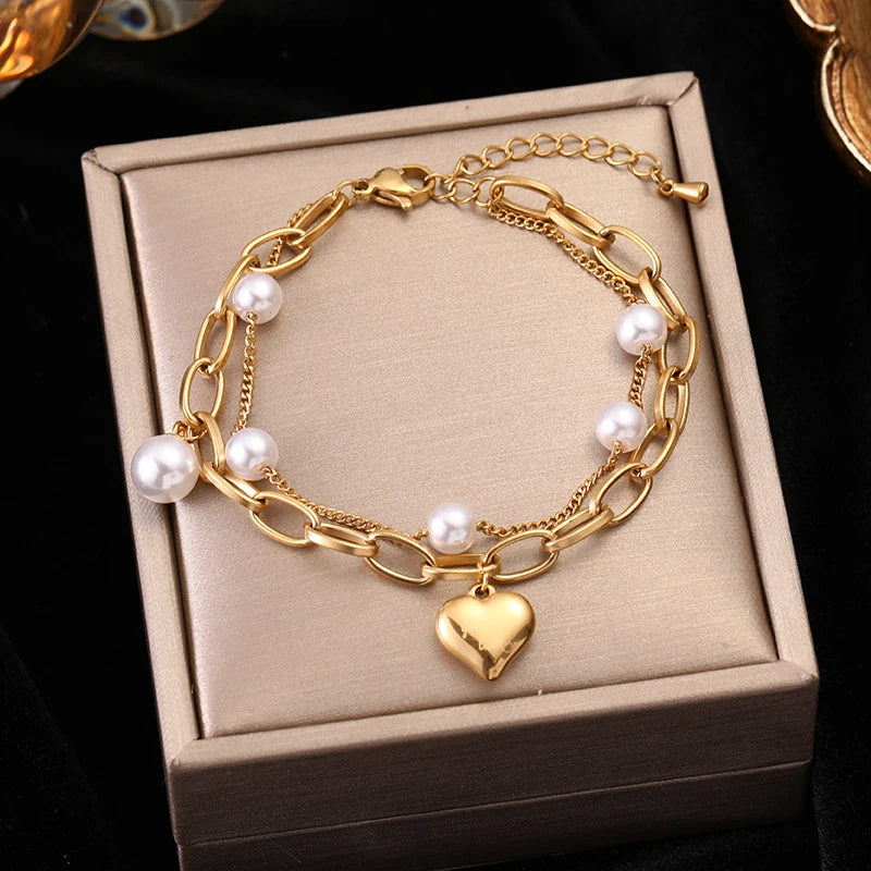 Heart Pearls Stainless Steel Charm Bracelet Girls Birthday Jewellery