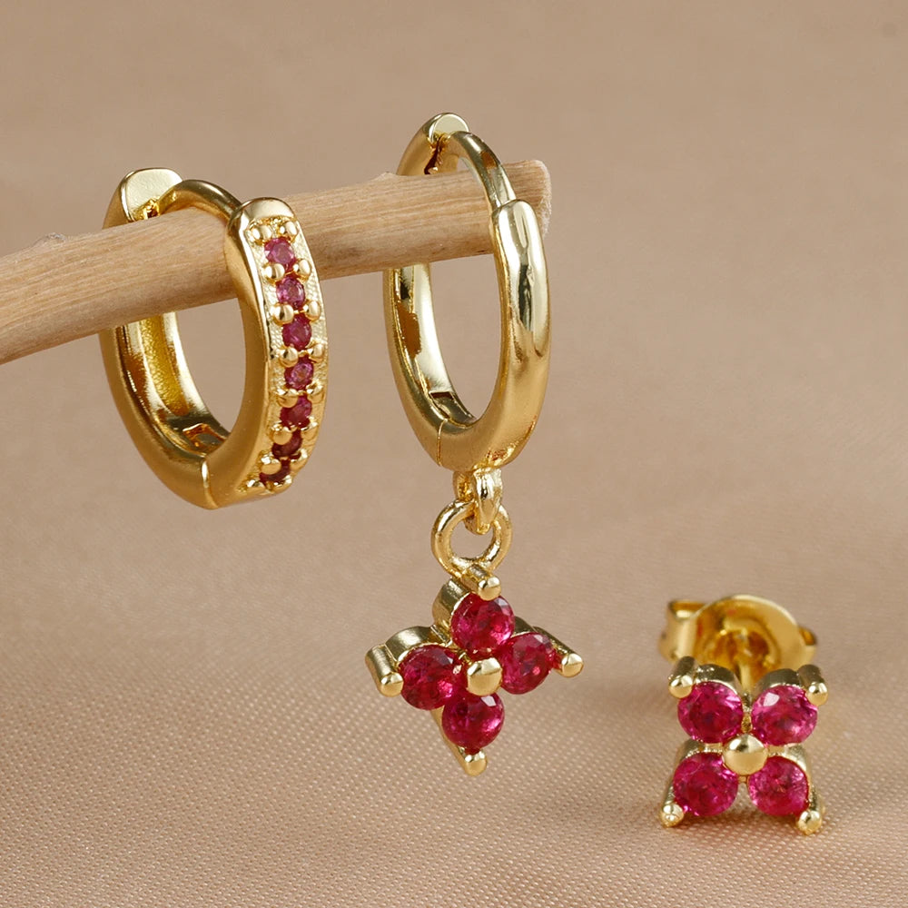 3PCS Gold Colour Crystal Zirconia Drop Earrings Flower Dangle Set