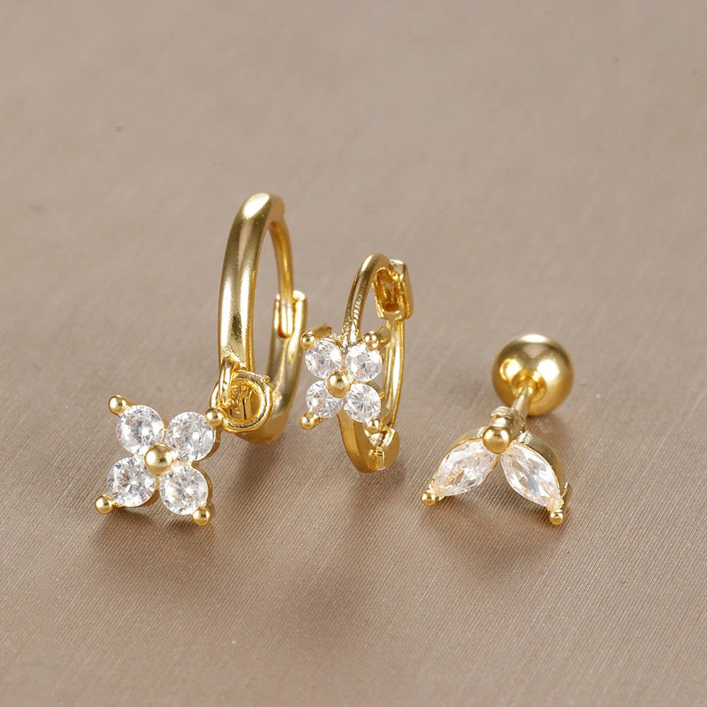 3PCS Vintage Design Four Flower Zircon Hoop Earrings Set Steel