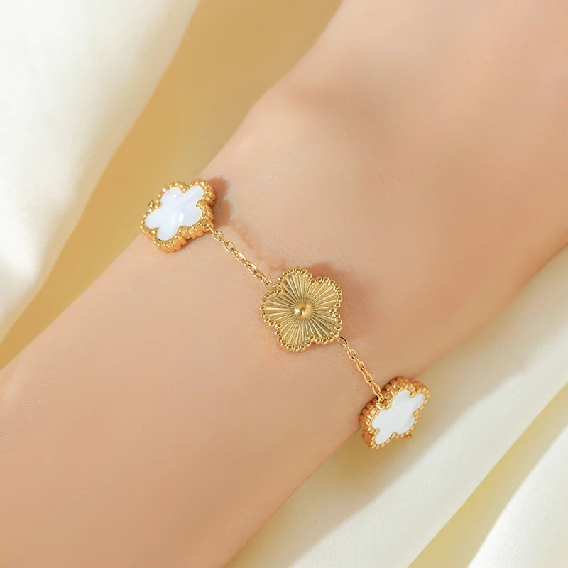 White Flower Stainless Steel Bracelet Five-Leaf Clover Wrist Jewellery