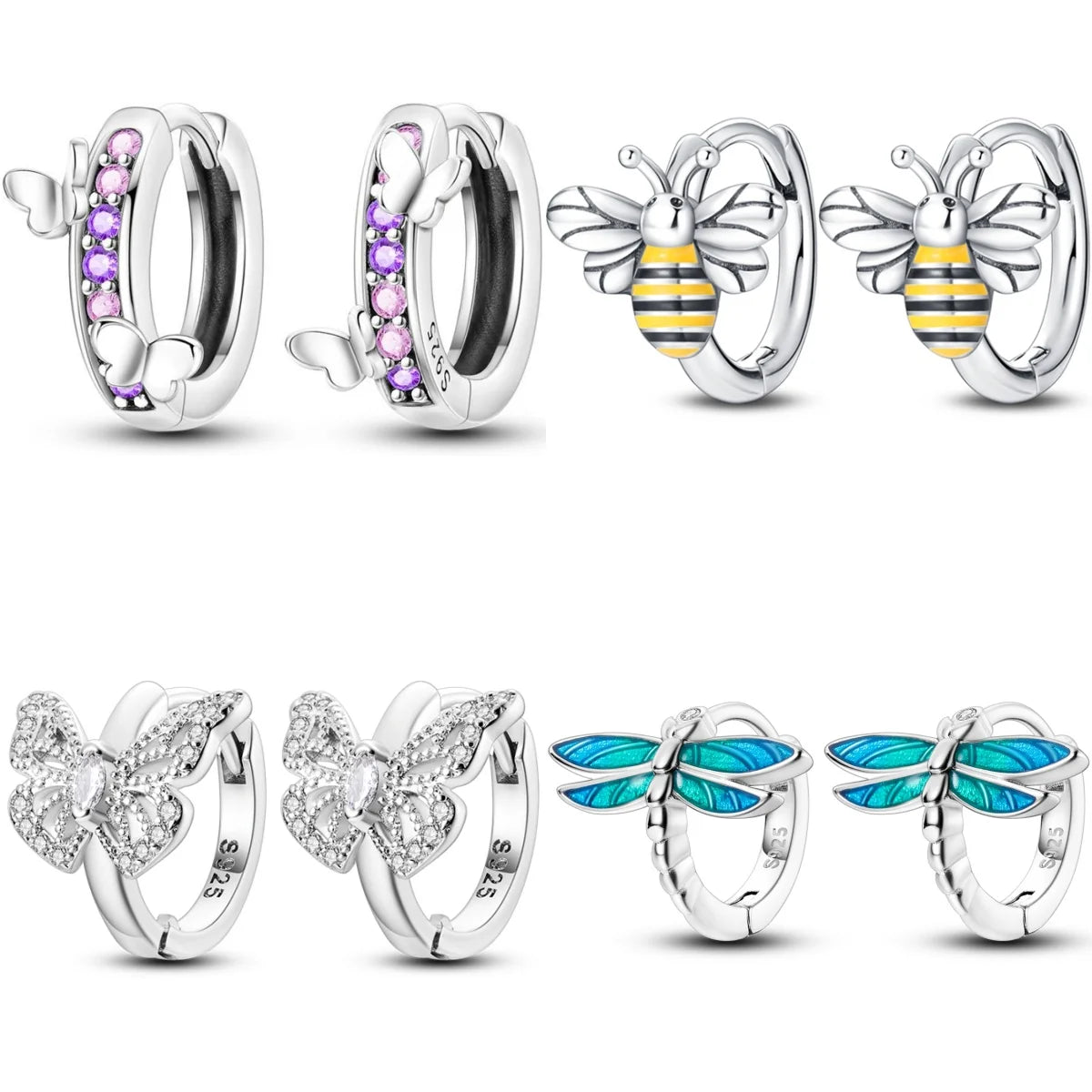 925 Sterling Silver Bees Butterflies Zircon Circle Hoop Earrings Jewellery Gift