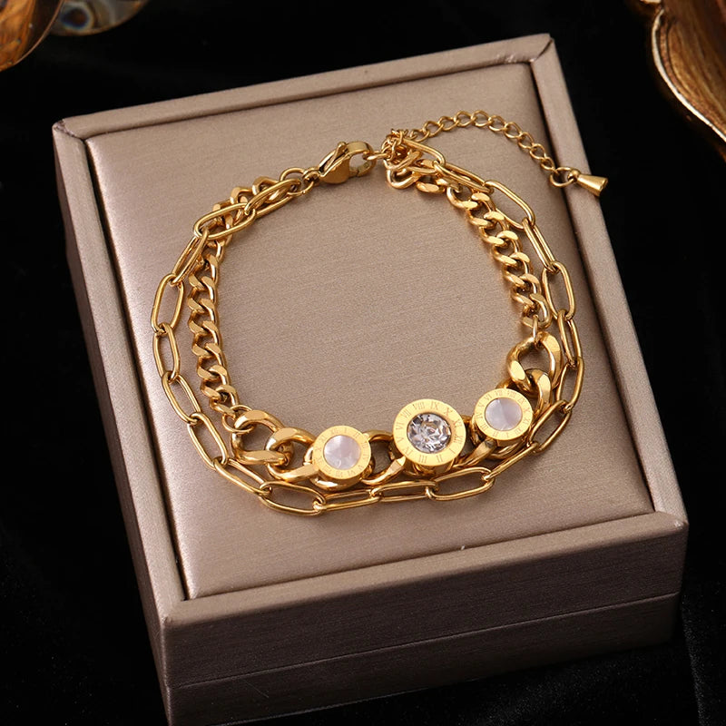 Heart Roman Numeral Zircon Bead Stainless Steel Snake Bone Bracelet