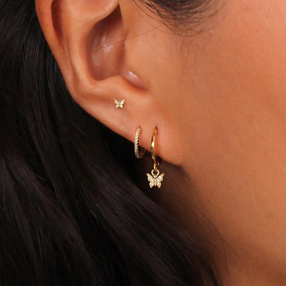 3PCS Elegant Butterfly CZ Charms Dangle Earrings Stainless Steel