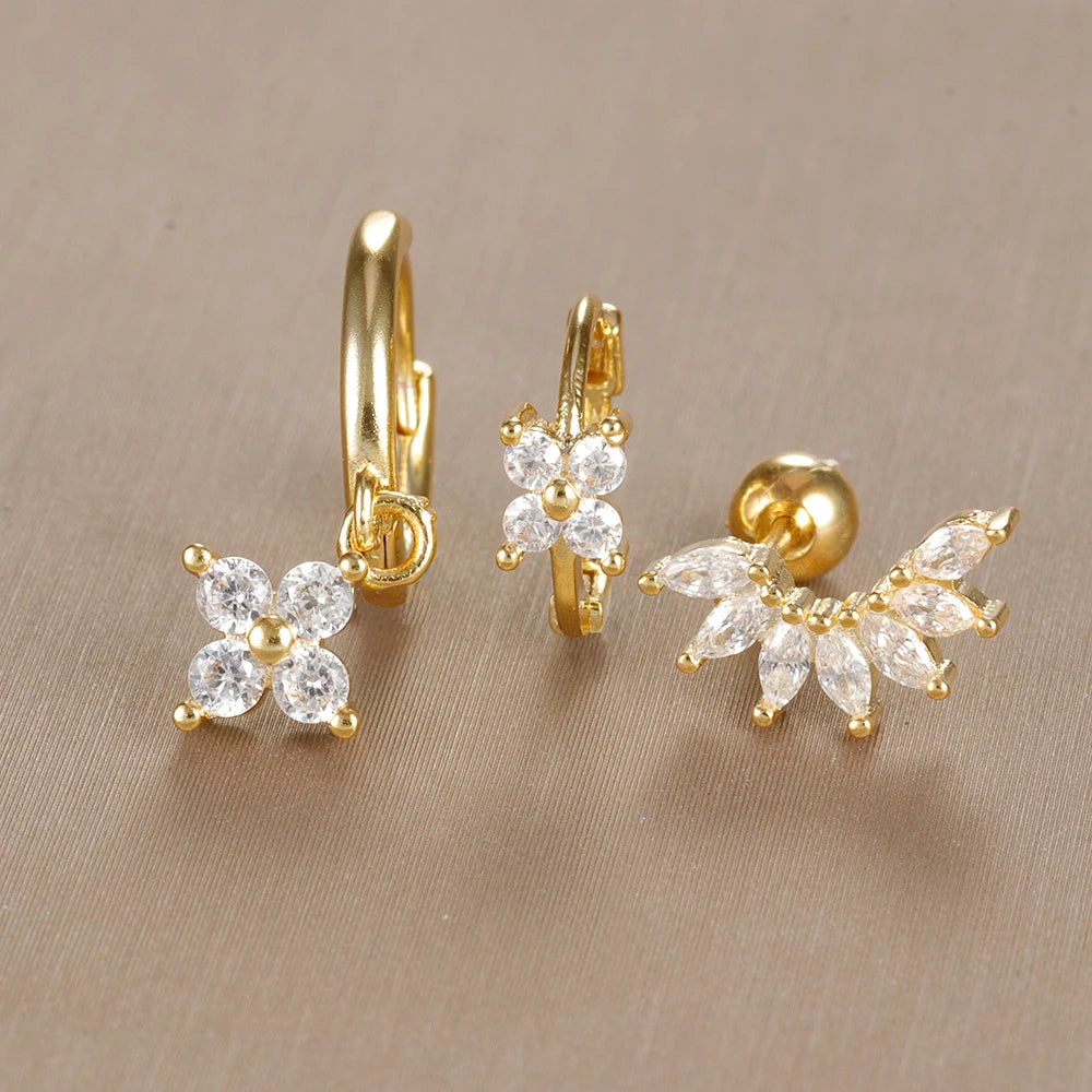 3PCS Vintage Design Four Flower Zircon Hoop Earrings Set Steel